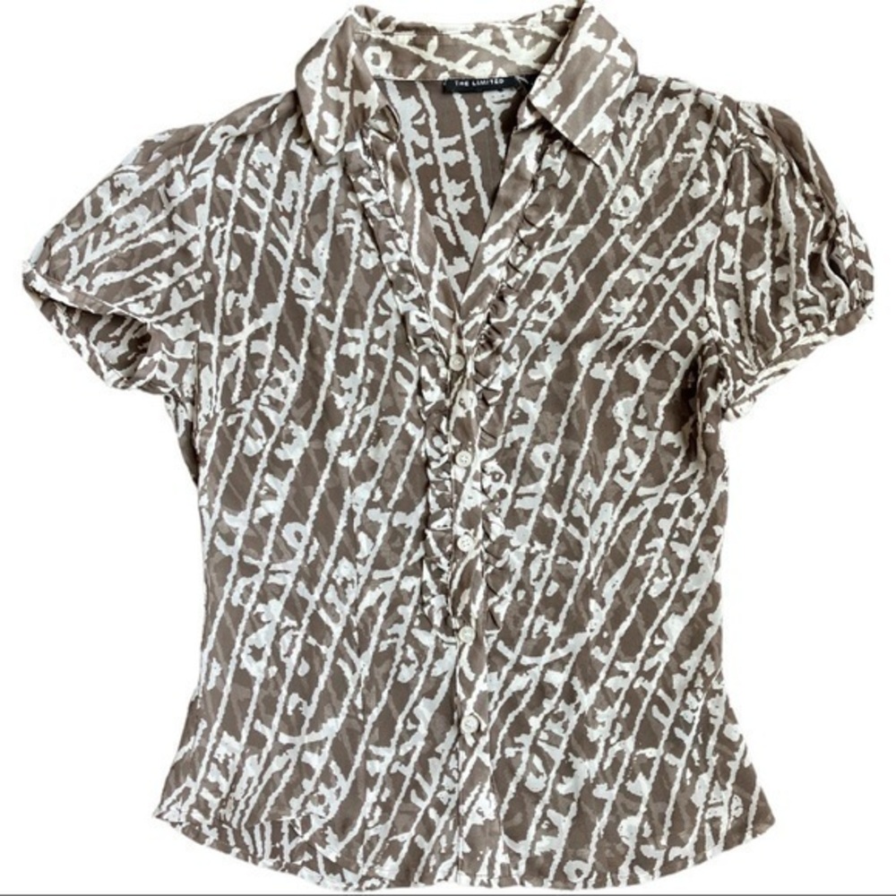 The Limited size small sheer brown & white button up blouse, high low, collared